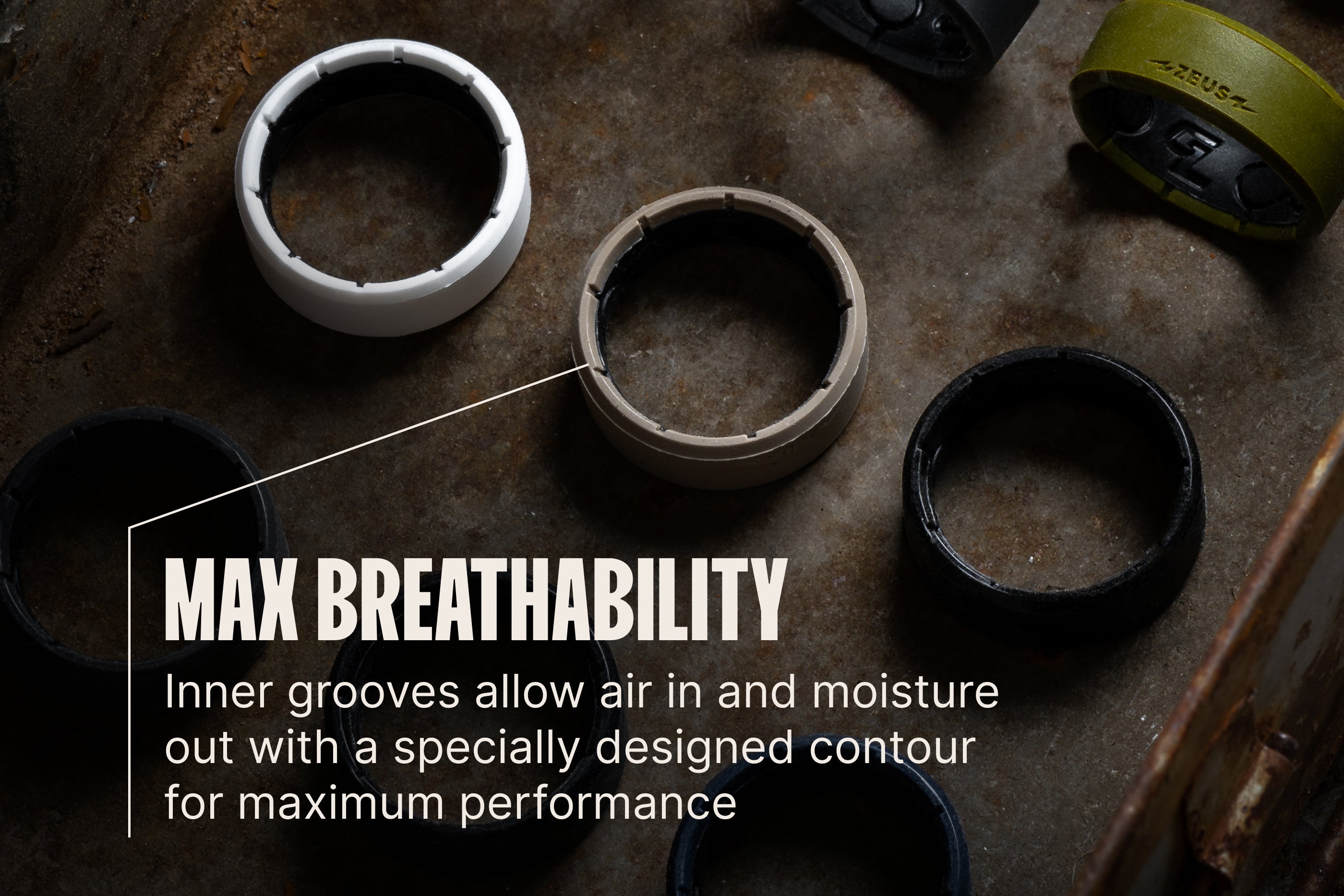 Close-up of respiratory parts with text highlighting 'Max Breathability' on a textured surface.