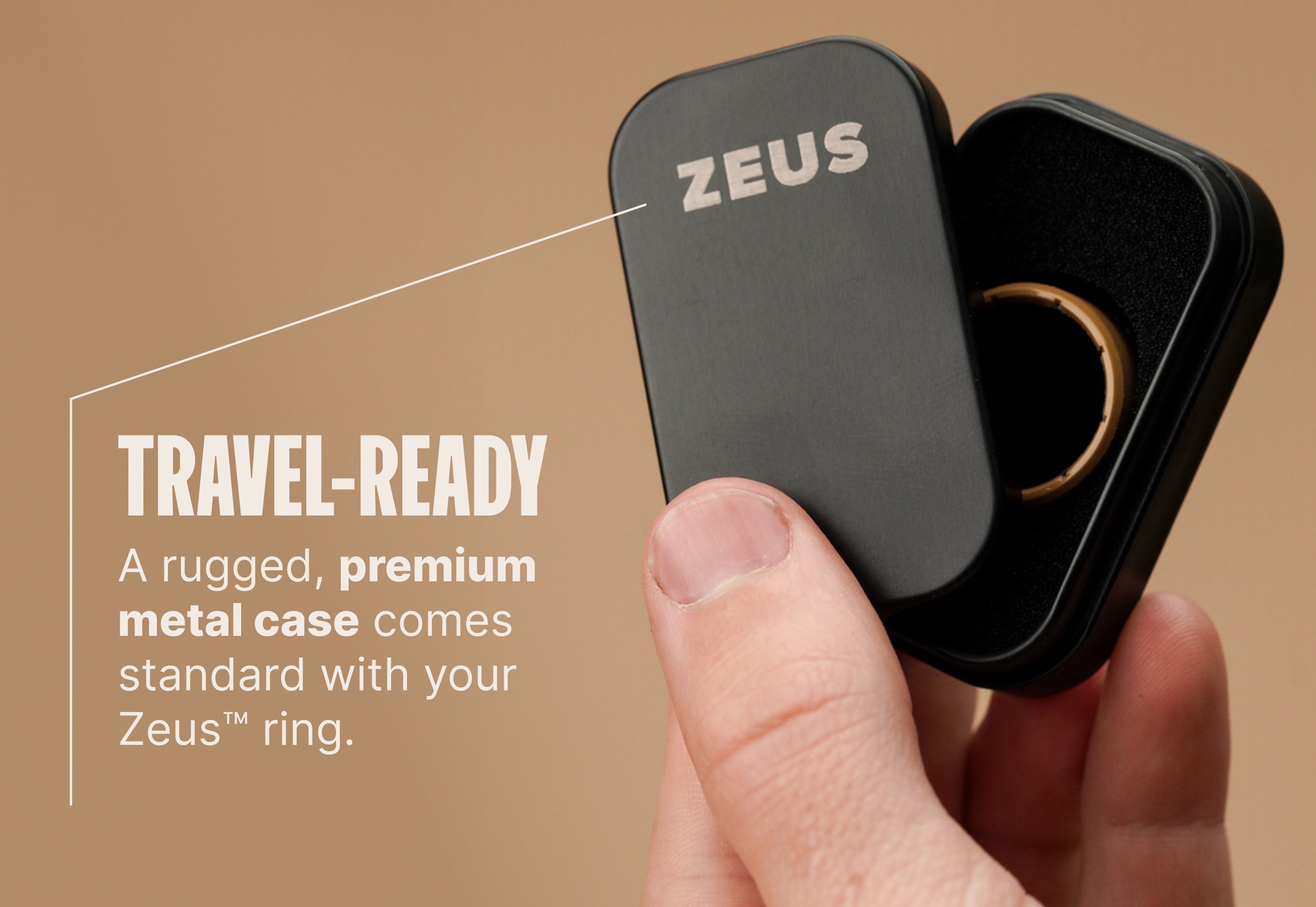 Hand holding a black metal case with 'ZEUS' branding, featuring text about travel-ready packaging.