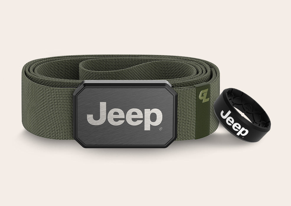 Image of Groove Life Belt featuring Jeep logo and Groove Life Zeus ring featuring the Jeep logo