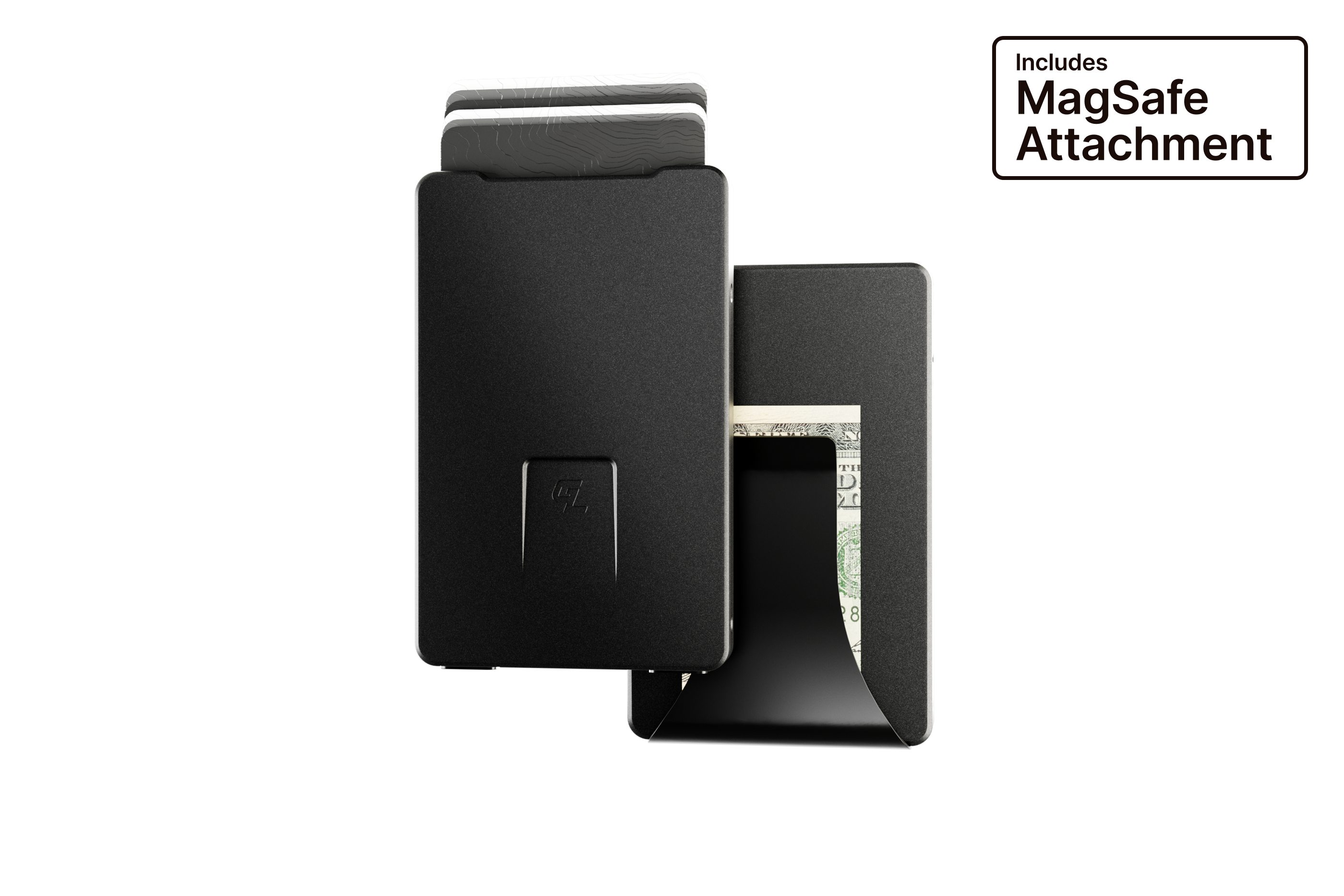 Black wallet with MagSafe attachment on a white background