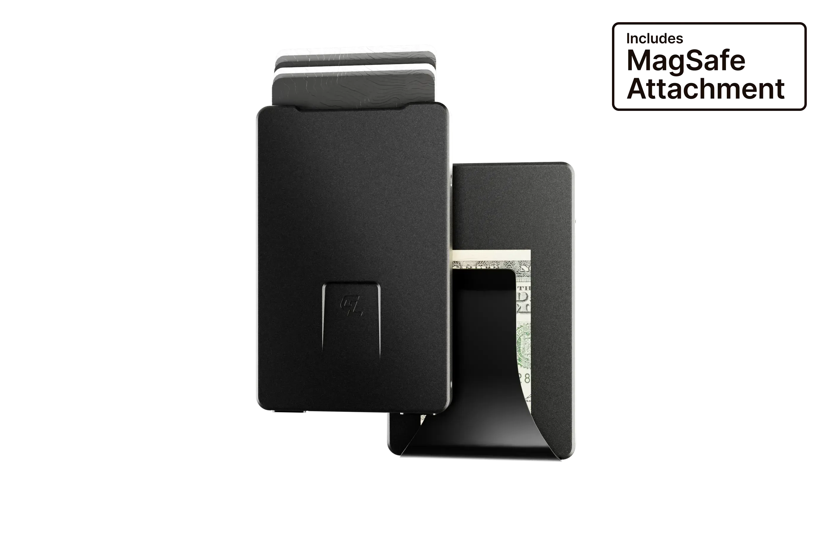 Black wallet with MagSafe attachment on a white background
