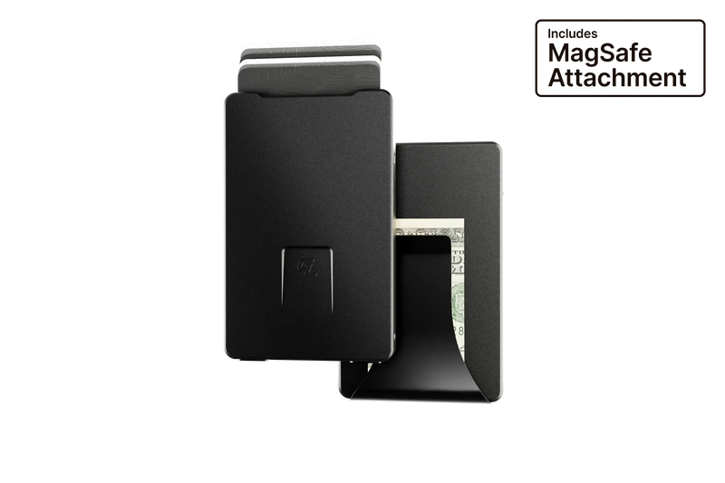 Black wallet with MagSafe attachment on a white background