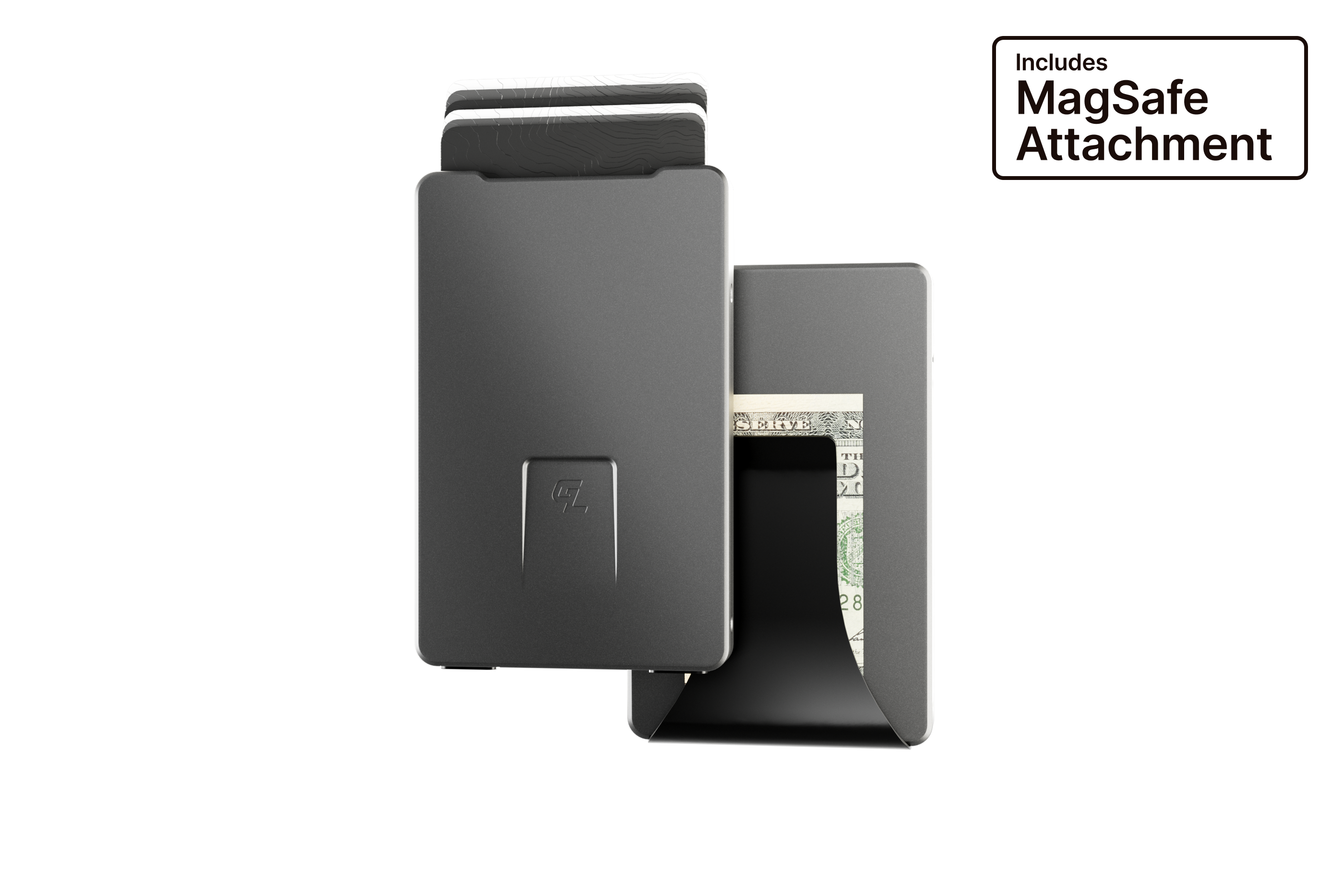 Black wallet with MagSafe attachment on a white background