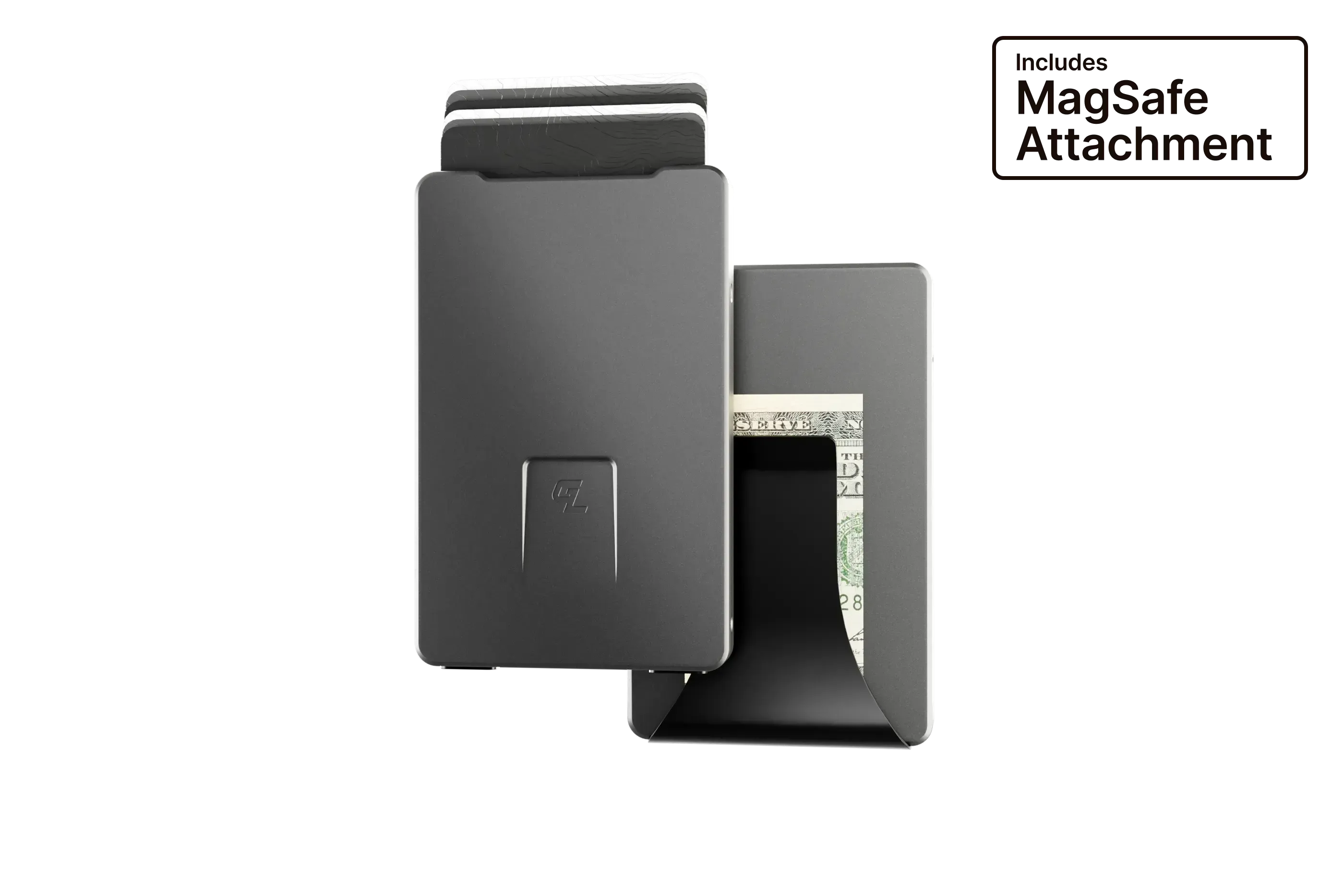 Black wallet with MagSafe attachment on a white background
