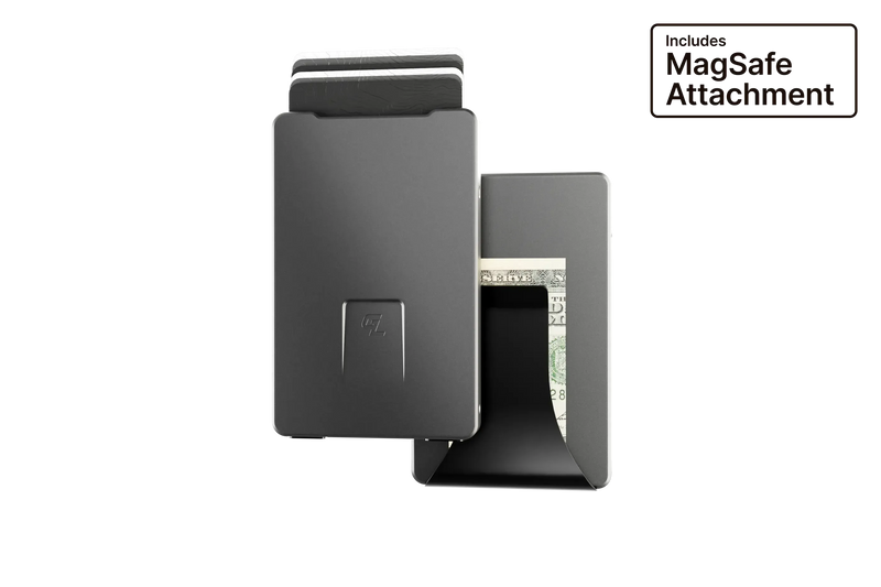 Black wallet with MagSafe attachment on a white background