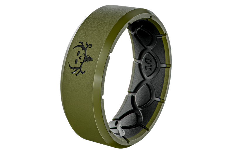 Green and black ring with a logo on a white background