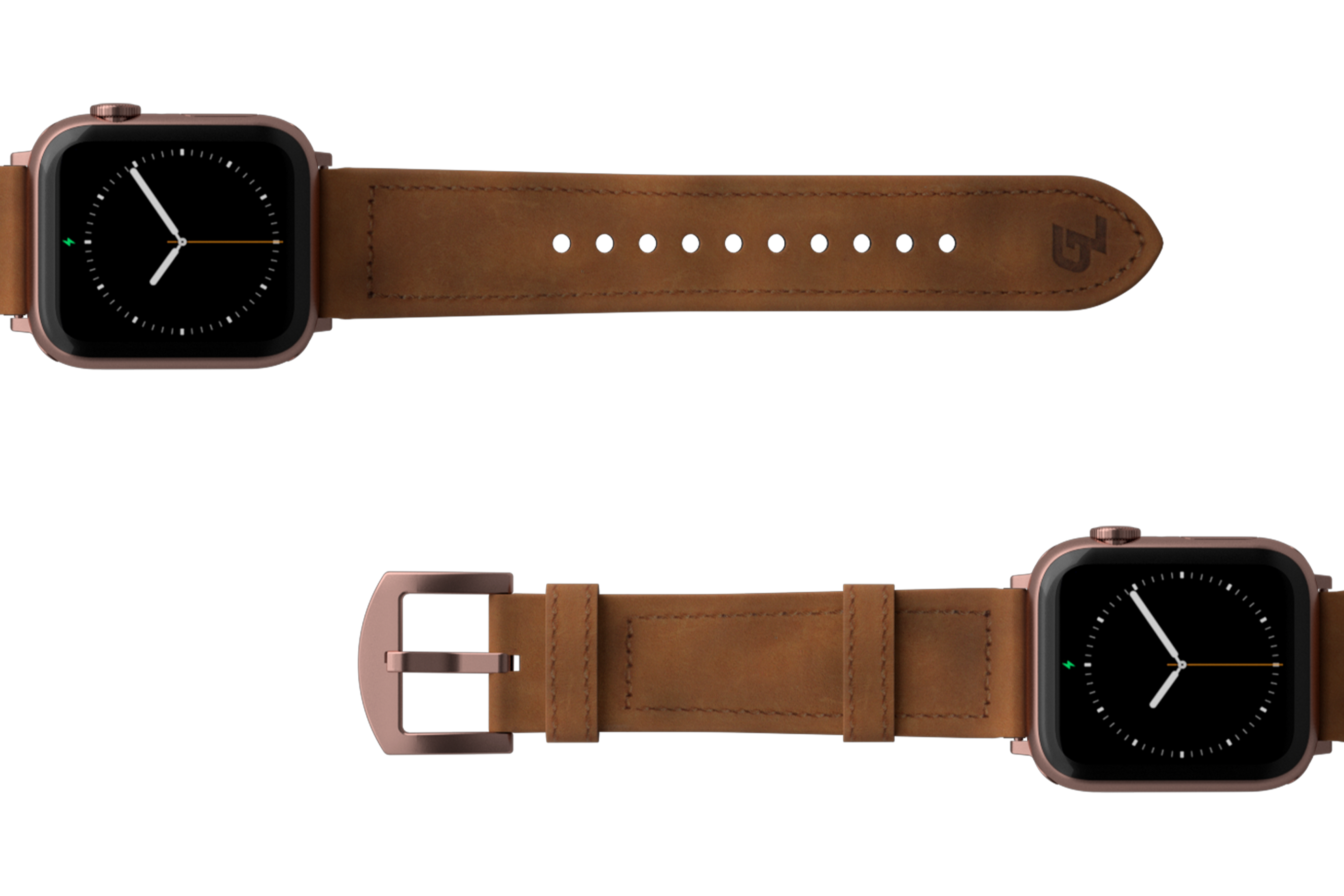 Vulcan Trek Leather Apple watch band  with rose gold hardware viewed top down
