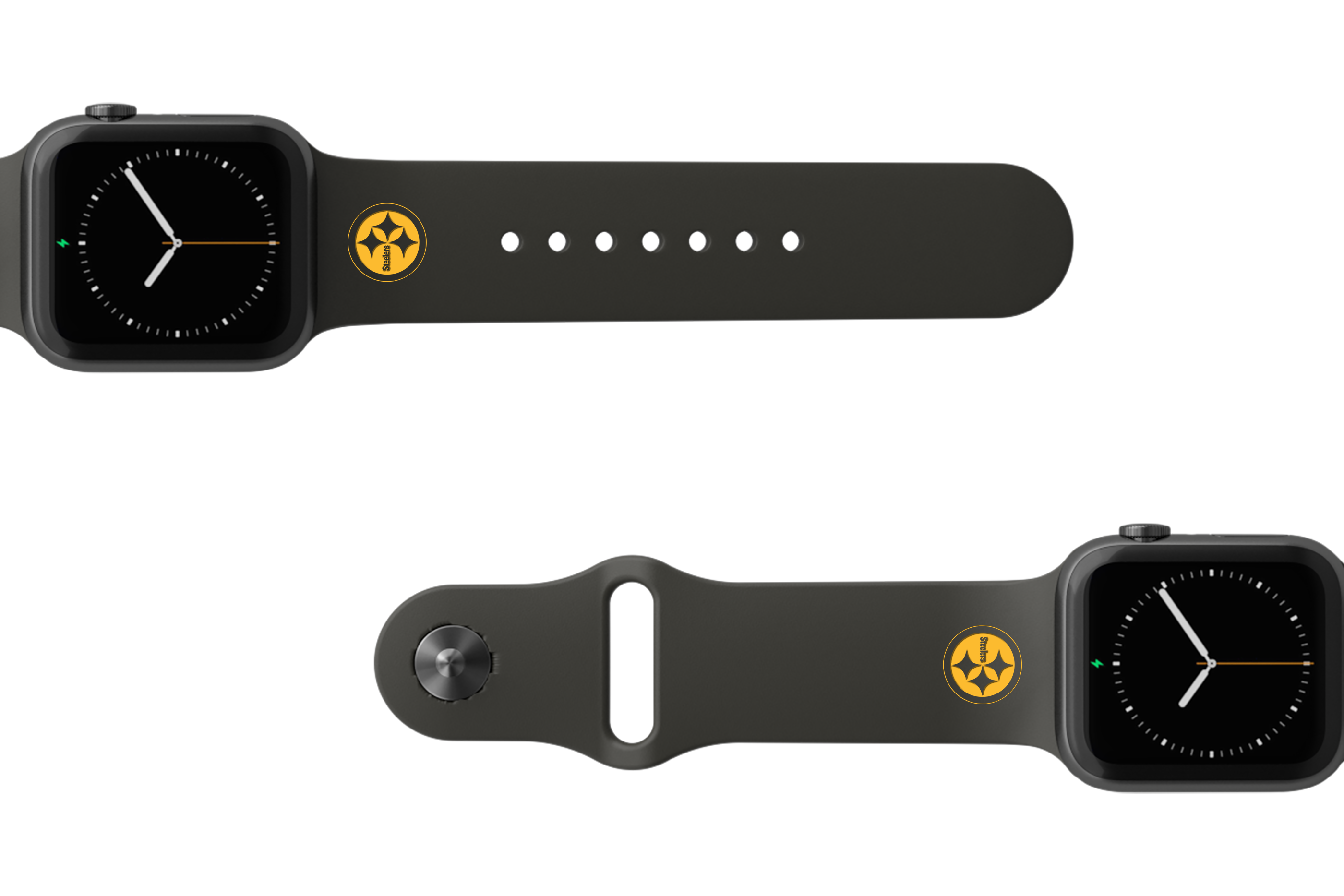 NFL Pittsburgh Steelers Black apple watch band with gray hardware viewed from top down