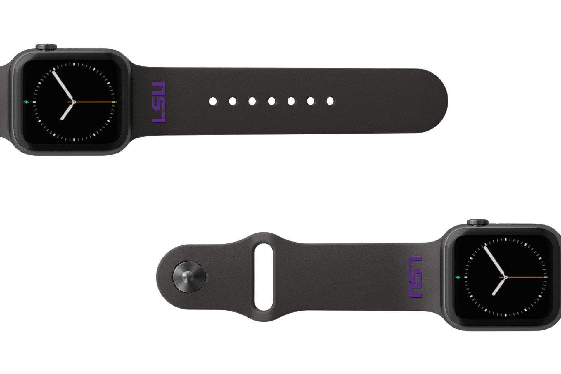 College LSU Black apple watch band with gray hardware viewed from rear