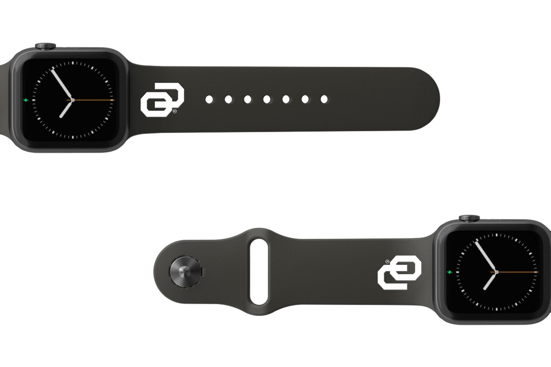 College Oklahoma Black apple watch band with gray hardware viewed from rear