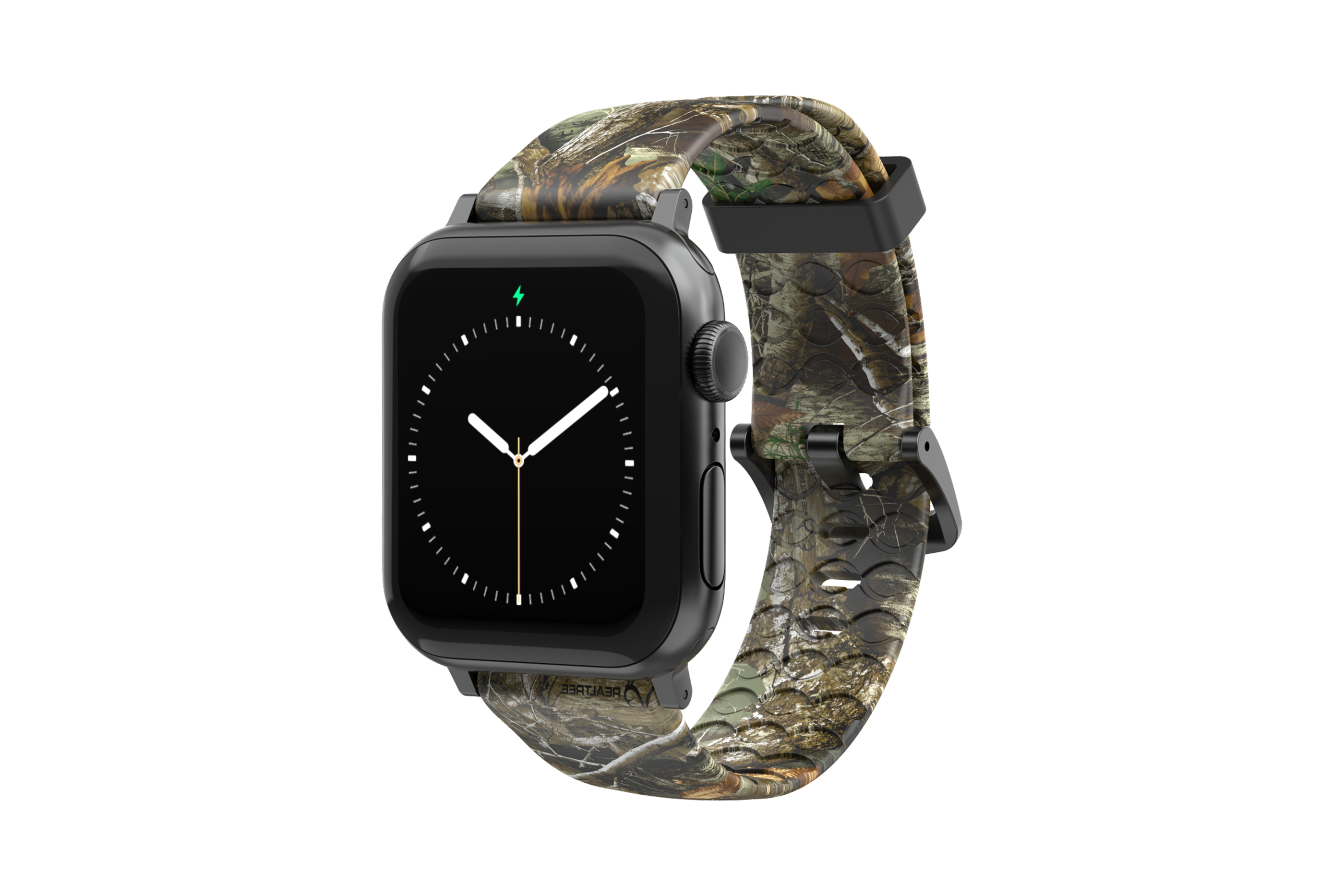 Realtree Edge Apple Watch Band with gray hardware viewed front on