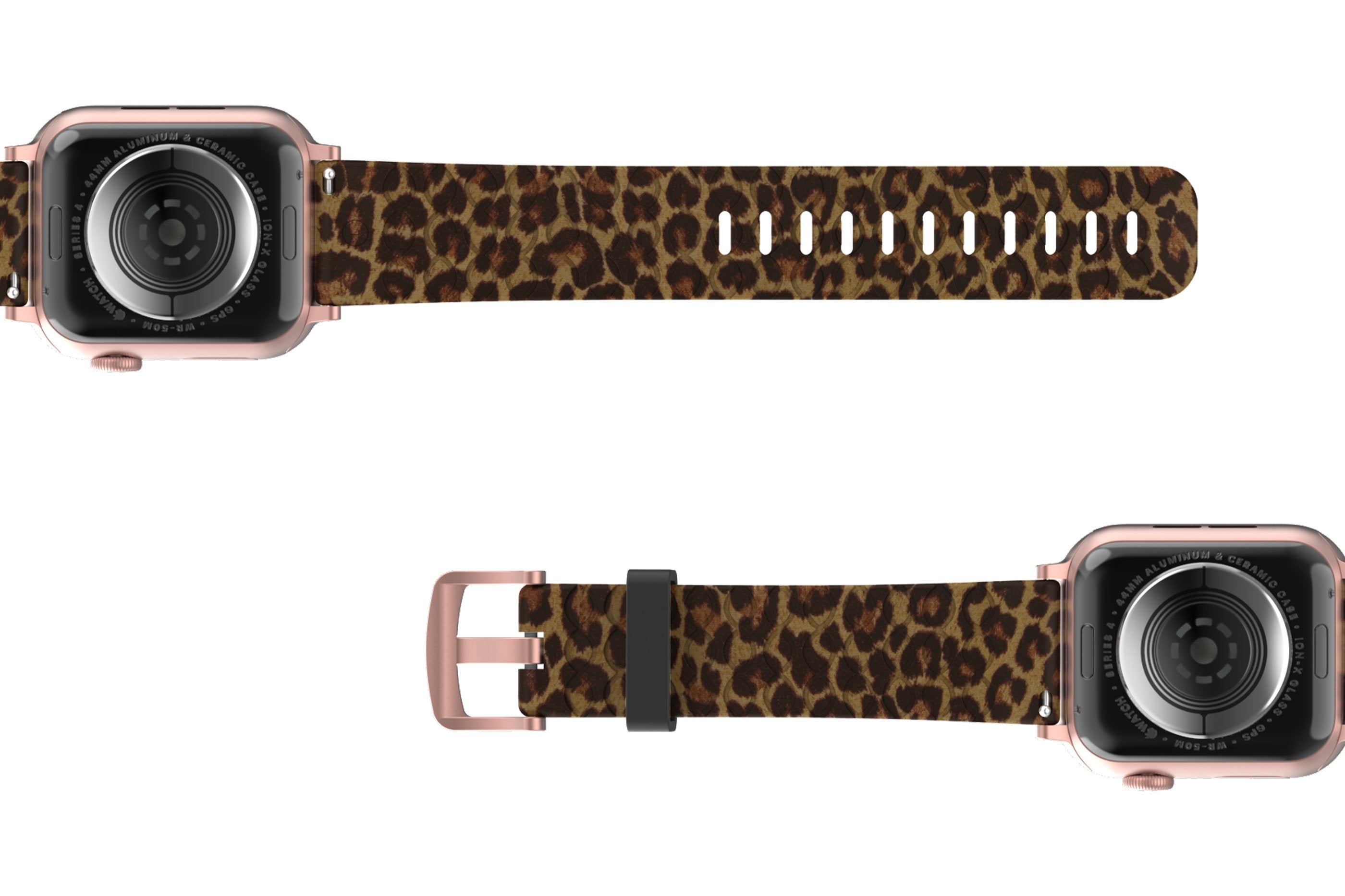 Leopard Apple Watch Band with rose gold hardware viewed bottom up