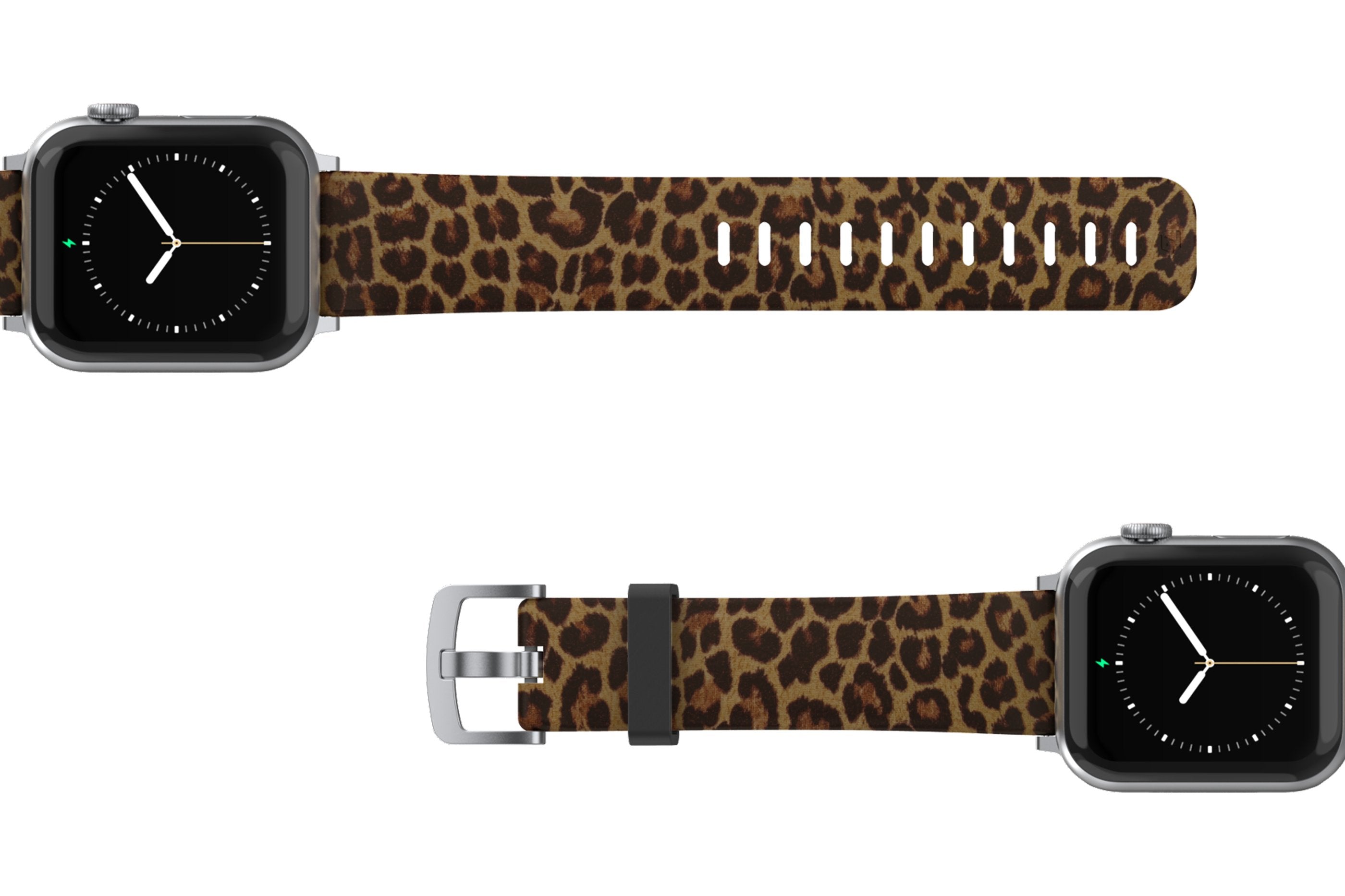 Leopard Apple Watch Band with silver hardware viewed top down