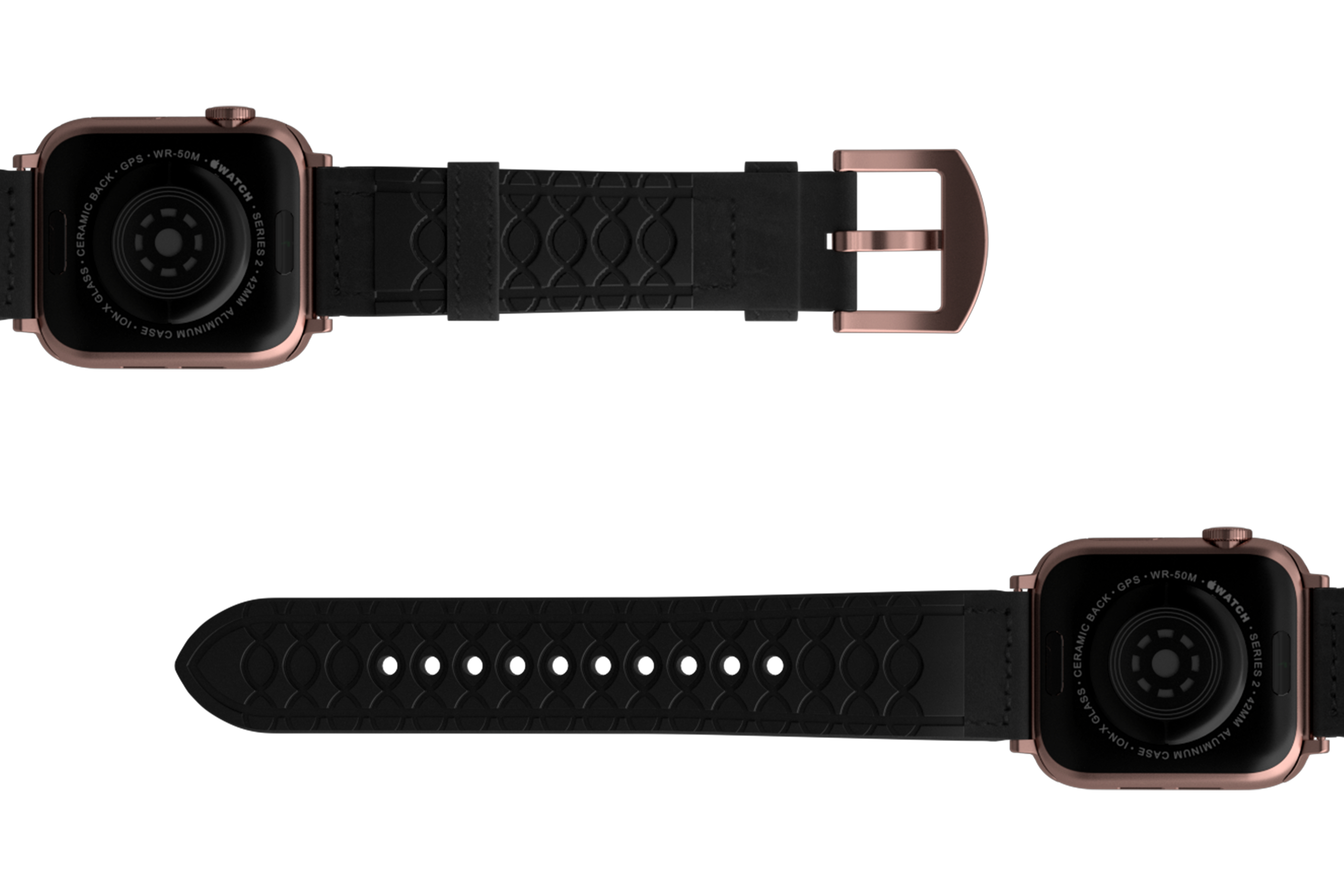 Vulcan Obsidian Black Leather Apple   watch band with rose gold hardware viewed bottom up