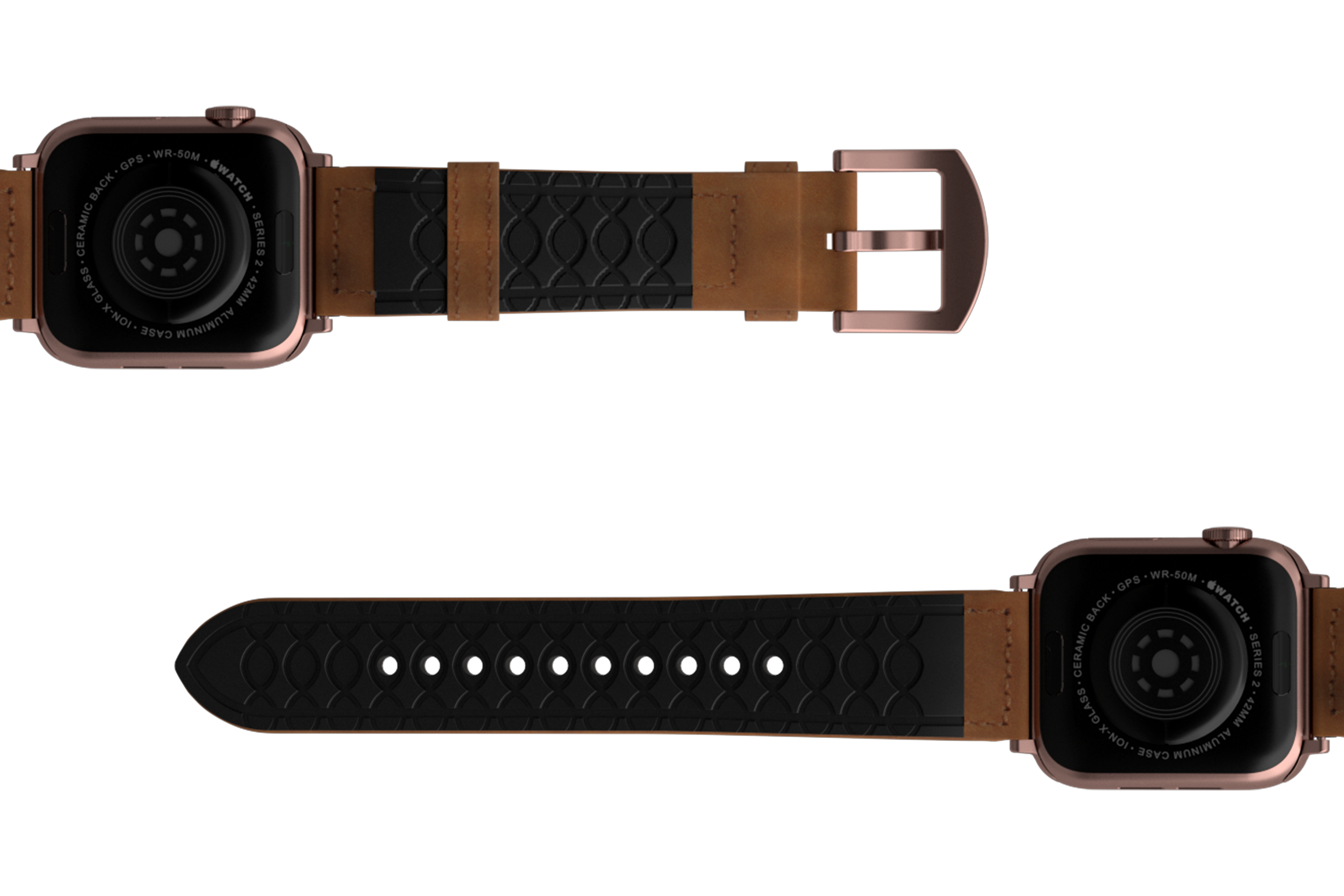 Vulcan Trek Leather Apple watch band  with rose gold hardware viewed bottom up