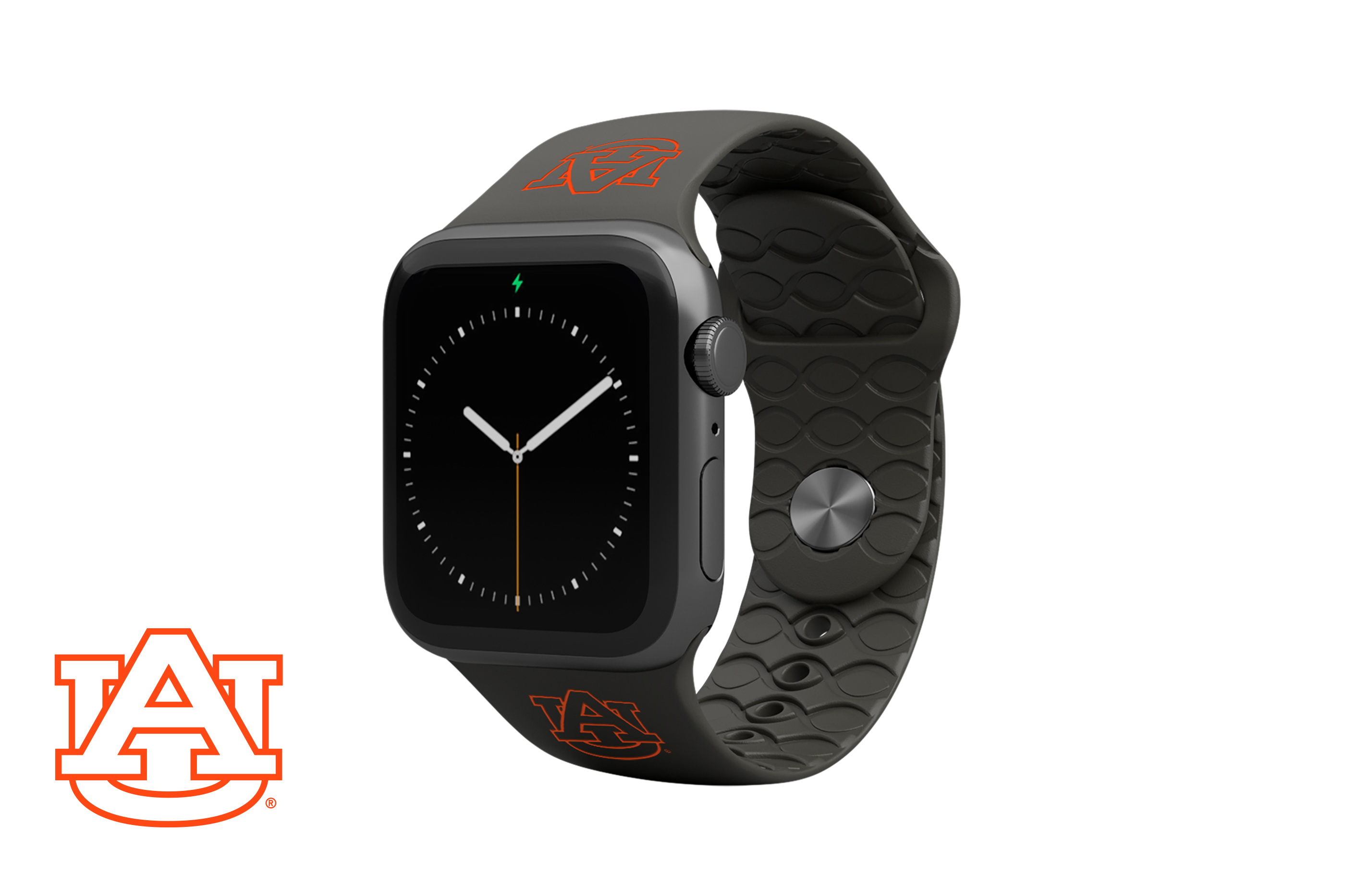 Apple Watch Band College Auburn Black with gray hardware viewed front on