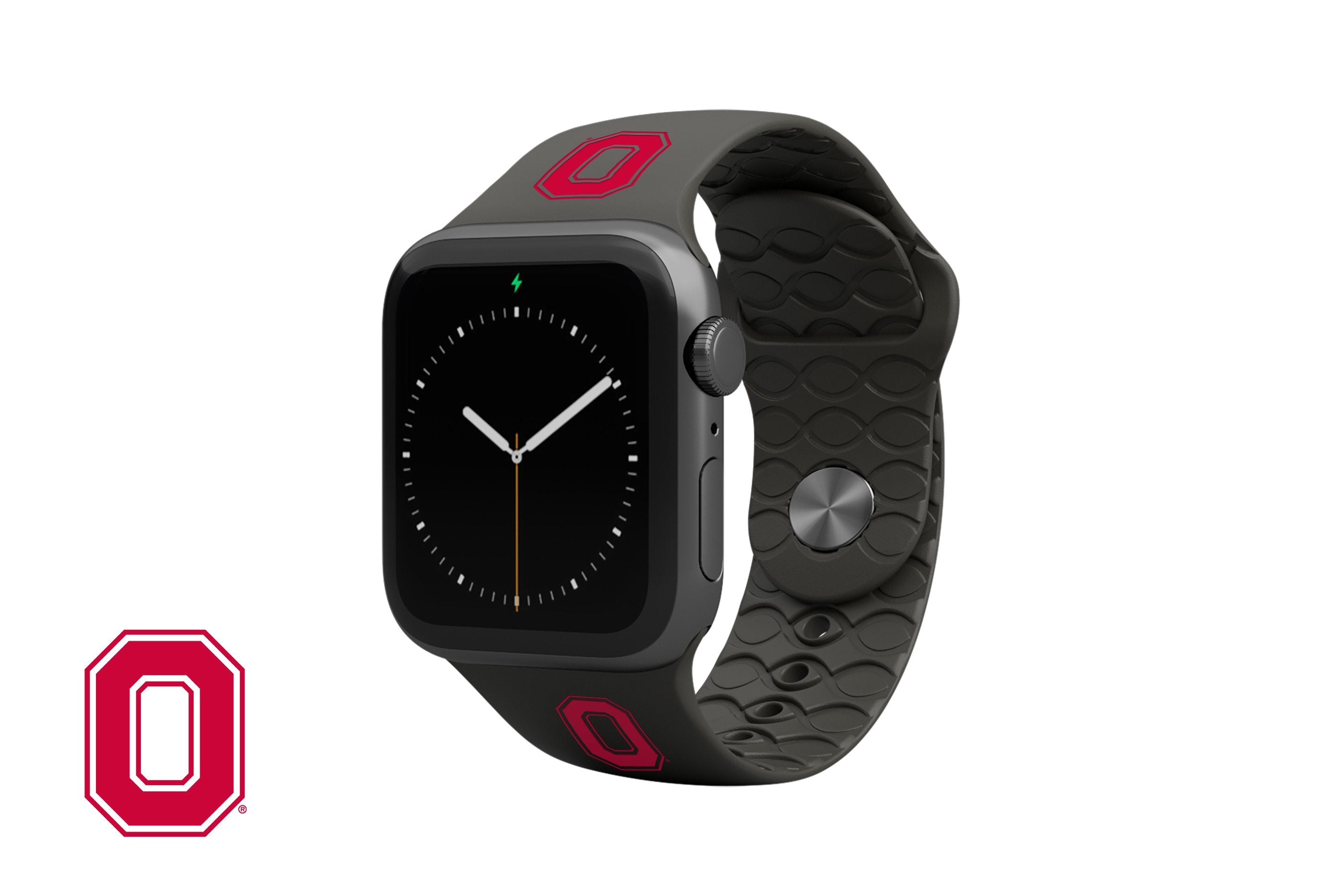 College Ohio State Black Apple Watch Band with gray hardware viewed top down