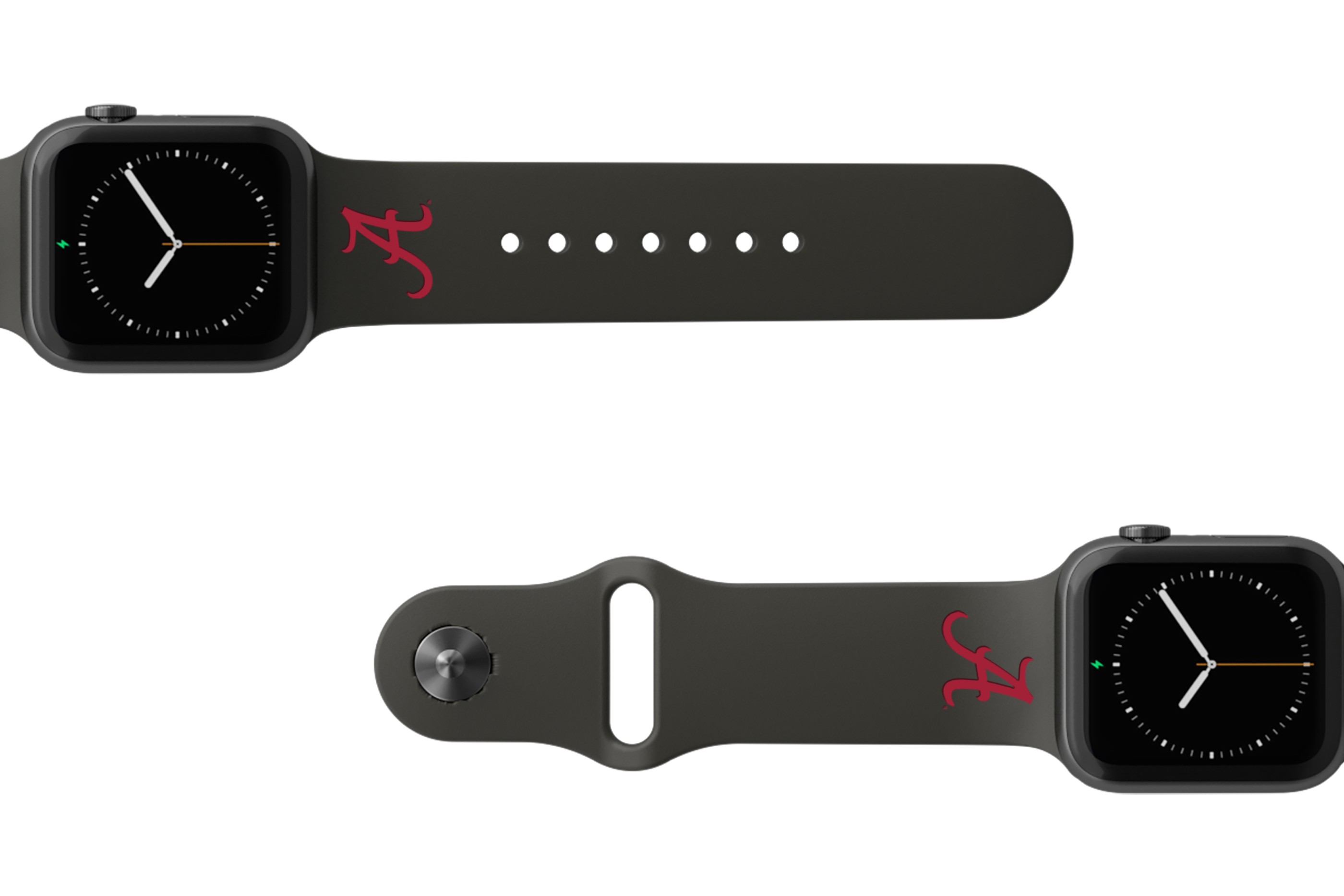 College Alabama Black apple watch band with gray hardware viewed from rear