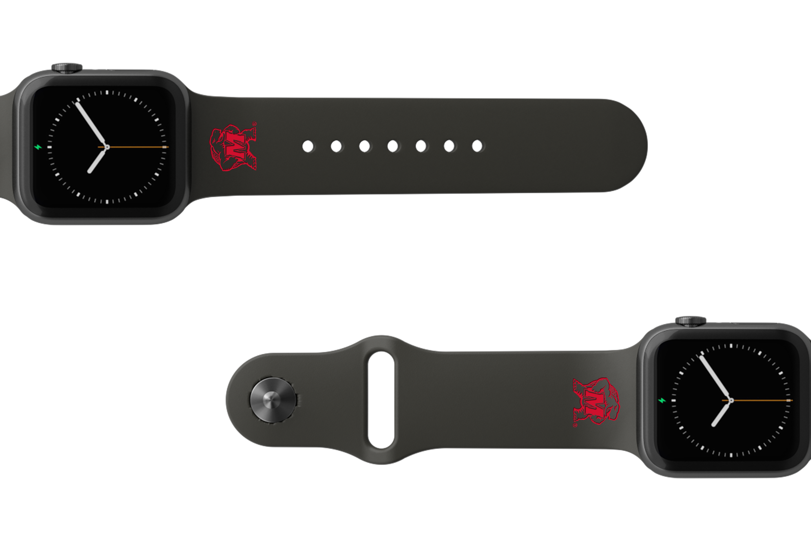 College Maryland Black  apple watch band with gray hardware viewed from rear