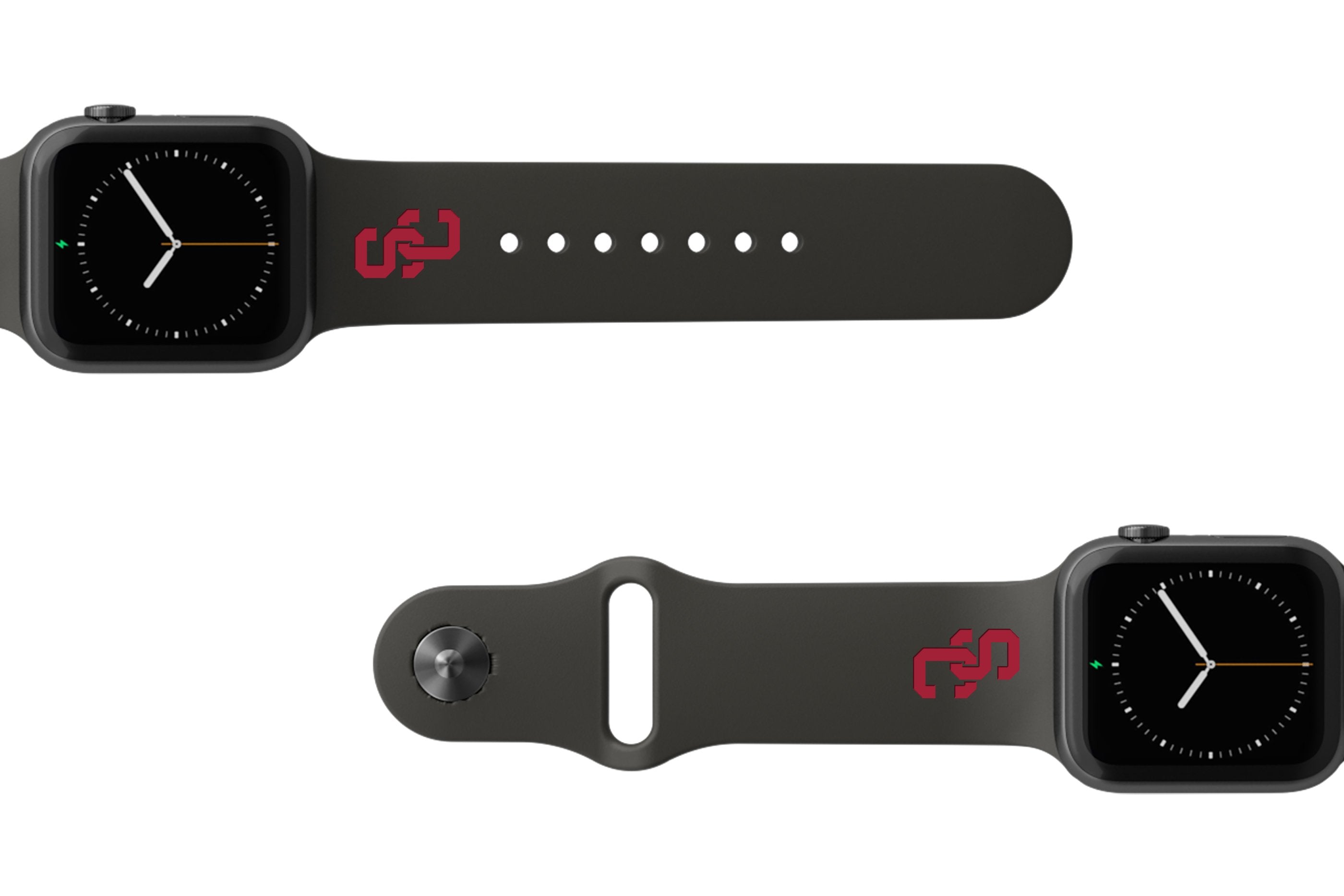 College Southern California Black apple watch band  with gray hardware viewed from top down