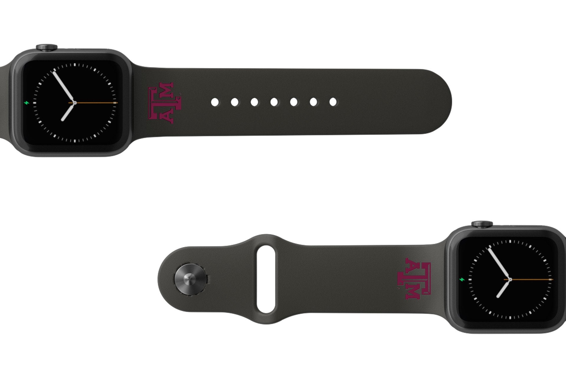 College Texas A&M Black apple watch band with gray hardware viewed from rear