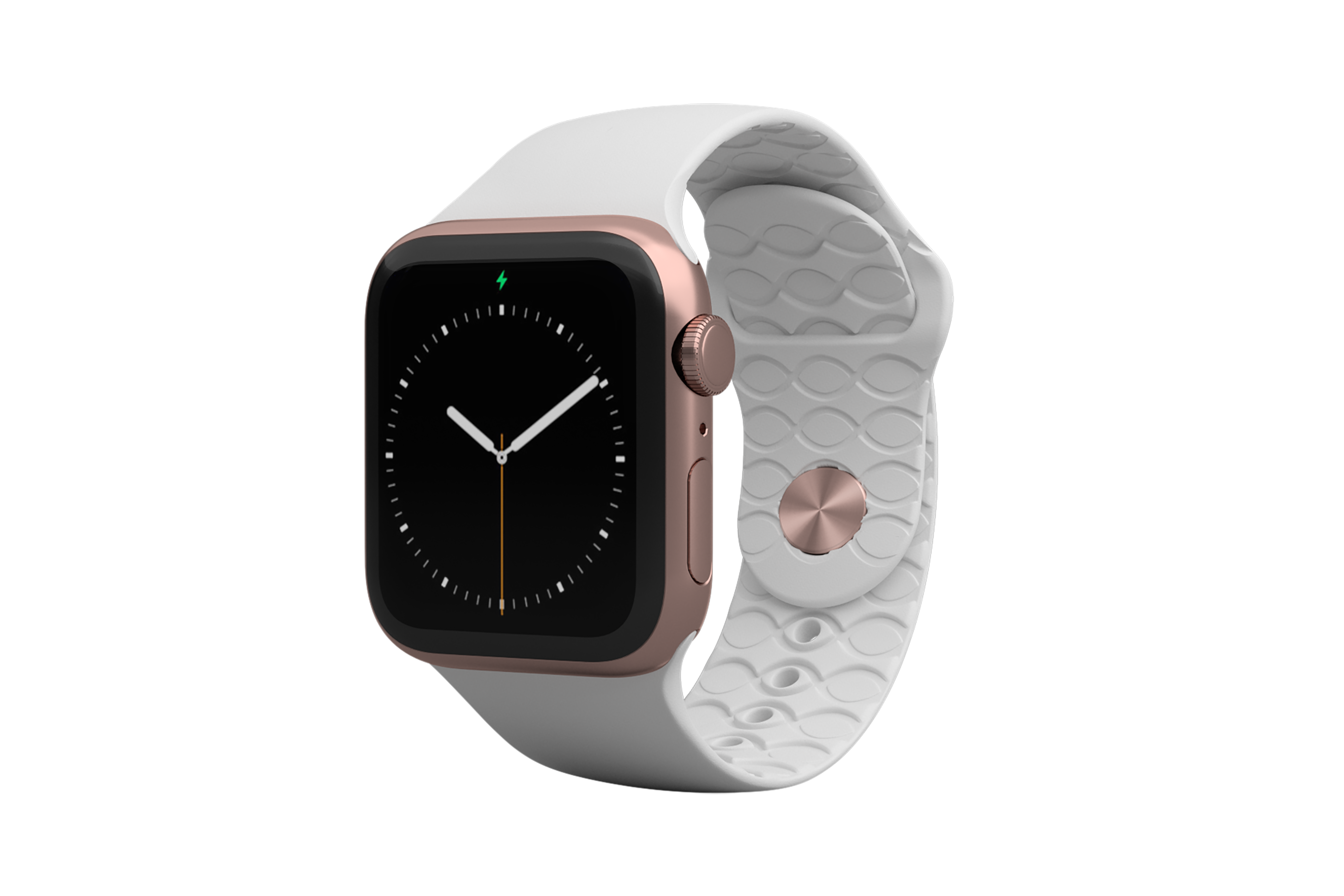 Apple Watch Band Solid White with rose gold hardware viewed front on 